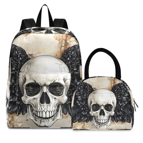 Backpack Lunch Box Set Large Capacity Travel Backpacks and Insulated Lunch Bag for Commute Hiking Picnic Skull with Wings Print