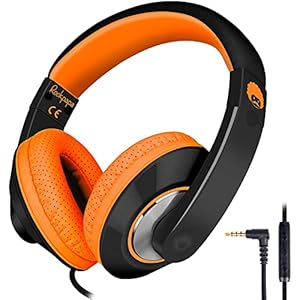 Rockpapa Comfort+ Verstelbare Over Ear Hoofdtelefoon Headsets met Microfoon In-line Volume voor Volwassenen Kinderen Kinderen Tieners, SmartPhones Laptops DVD MP3/4 Zwart Oranje One Size