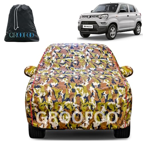 Image of GROOFOO Car Cover Compatible with Maruti Suzuki S-Presso | Camouflage, Waterproof, Dustproof, UV Protection | Military Jungle Design | Custom Fit, Triple Stitched | All Weather Body Cover