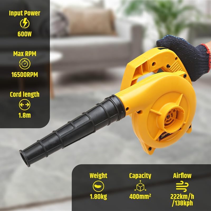 Image of TOMAHAWK Electric Blower - Professional Air Blower - 16500rpm 600W Air Blower Machine (Yellow, 1.8m Cord - Variable Speed - Copper Armature | Leaf Blower for Home, Workshop & Professional Use