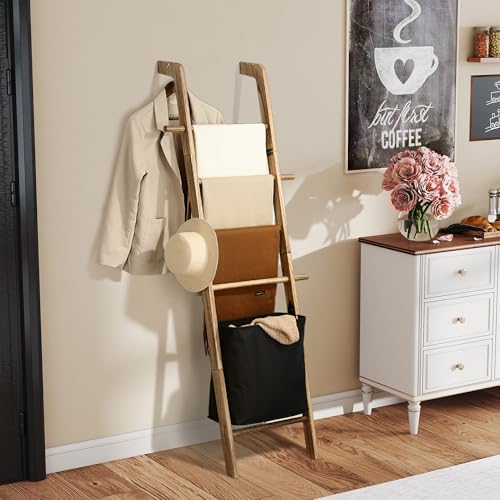 67-Inch Farmhouse Blanket Ladder with Basket, Rustic Wooden Display Ladder for Throws, Blankets, Quilts & Towels, Sturdy Wall Leaning Decorative Storage Rack for Bedroom, Living Room and Bathroom