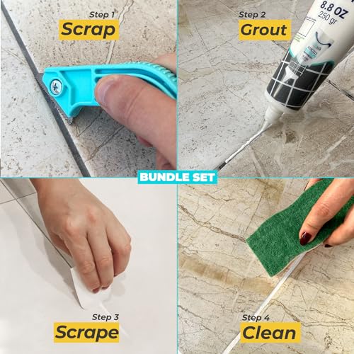 PentaUSA Grout - Tile Grout Repair Kit with Grout Removal Tool, Premix Grout Bundle Set with Remover Saw, Sponge and Cleaner (8.8 Oz - 250gr) (White) - Thumbnail 2