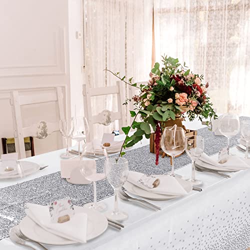 Image of Irenare 2 Pcs White and Silver Tablecloth and Sequin Table Runner Set Polka Dots Confetti Table Cover Dining Plastic Tablecloths Glitter Decorations for Birthday Wedding Anniversary Party Supplies