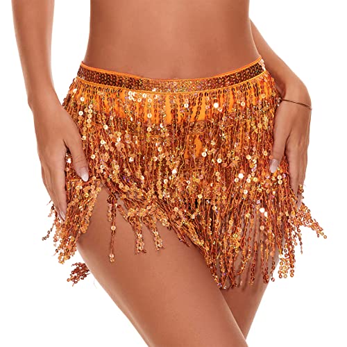 Womens Belly Dance Hip Scarf with Sparkly Fringe Rave Party Sequin Skirt Costume Festival Tassel Skirt Orange -  American Trends
