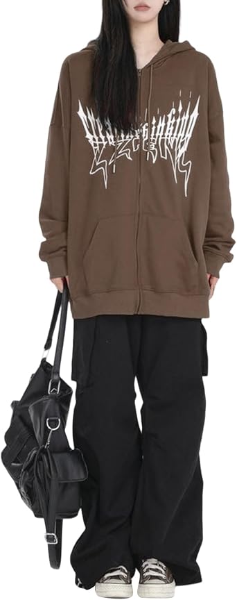 Yoawdats Women Devil Ears Graphic Hoodies Zip Up Oversized Vintage Hoodie Grunge Harajuku Sweatshirts Y2k Pullover Streetwear Brown, S