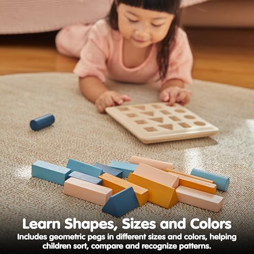 Image of PlanToys Wooden Geometric Peg Board Montessori Shape Sorting Stacking Toy | wooden geometric peg board, montessori shape sorting stacking, size sequencing logical thinking, color pattern geometry, kids
