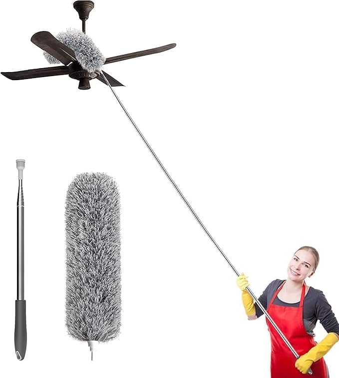 long handle microfiber ceiling fan duster with extendable pole 100 inch, bendable anti-scratch brush for high ceiling, wall & cobweb cleaning stick – grey