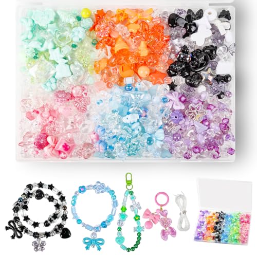 Image of PATPAT 430Pcs+ Cute Beads Kit for Bracelet Making Set with String, 6 Colors Acrylic Beads for Bracelet Making Kit with Charms DIY Bead Jewellery Set for DIY Keychain Bag Necklace Charms