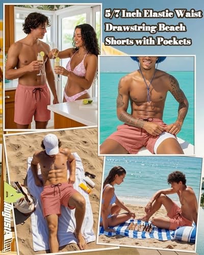 Image of August Alley Men's Linen Shorts with Liner Summer 5 Inch Casual Elastic Waist Drawstring 2 in 1 Beach Shorts with Pockets