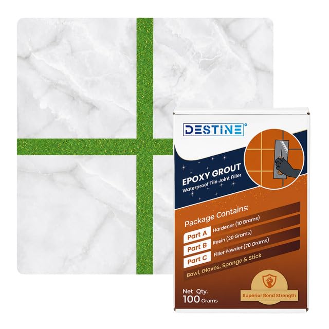 Image of DESTINE Epoxy Grout for Tiles (110 Colours)(100 g), Waterproof Joint Filler, Crack Filler, Tiles Gap Filler, Stain Free, Acid & Chemical Resistance Epoxy Grout (Pastel Green [Gold Glitter])