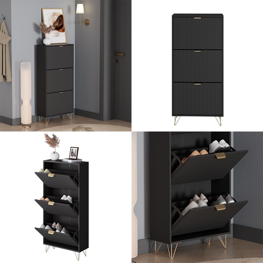 Vicco Szafka na buty "Helge", Czarny, 60 x 128.5 cm | 3 przedziały, pour le rangement et l’organisation des chaussures dans l’entrée