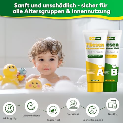 Fliesen Reparaturset – Waschbecken Reparaturset Keramik Weiß, Emaille Reparaturset von Quadence, Unsichtbare Farbangleichung, Wasserdicht für Bad & Dusche, für Risse, Absplitterungen & kleine Löcher