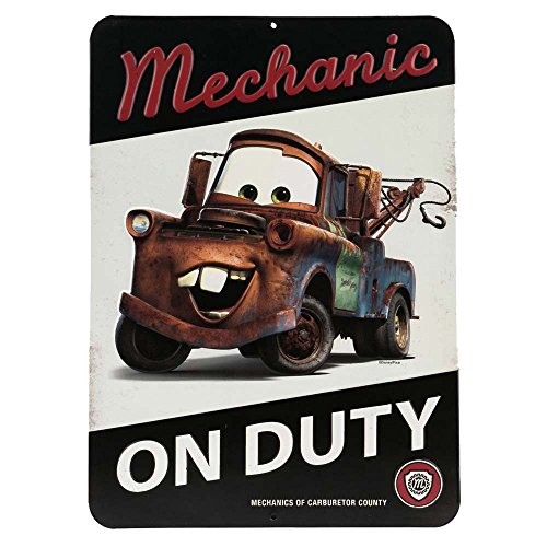 Open Road Brands Disney Cars Tow Mater Mechanic On Duty Embossed Metal Sign - Vintage Tow Mater Sign for Bedroom or Garage