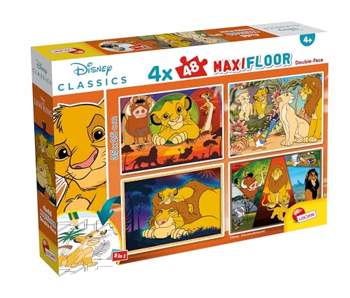 Lisciani - Puzzle Disney - Roi Lion Maxifloor - Puzzle 4 x 48 Pièces - Double Face pour Enfants dès 4 Ans - Scènes à Colorier au Verso - Format 35x25 -...