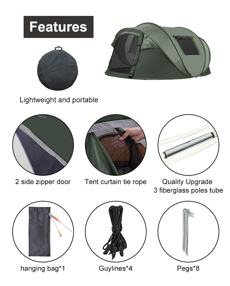 Camping Zelt, Pop Up Zelt 4-5 Personen, Automatisches Aufstellzelt in 3 Sekunden, Wurfzelte Wasserdicht Sonnenschutz, Familie Zelt, Tragbares Leichtes Kuppelzelt für Outdoor Camping