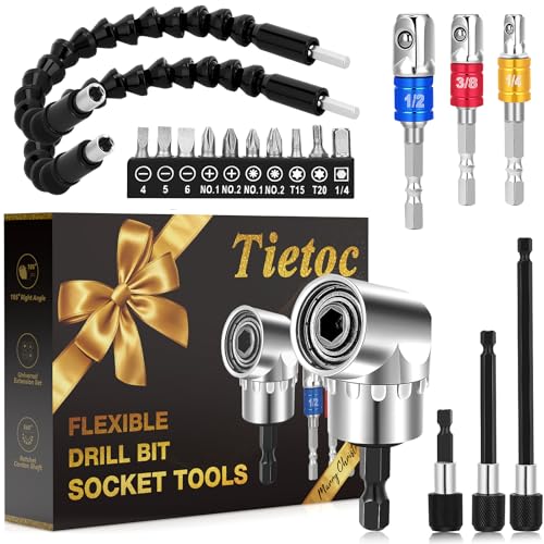 Tietoc 19pcs Flexible-Drill-Bit-Extension Set, Stocking Stuffers Gifts for Men Screwdriver Bit Kit, Present Ideas Gifts for Dad Adults Mens Gifts Christmas, Hex Shank 105°Right-Angle-Drill-Attachmen