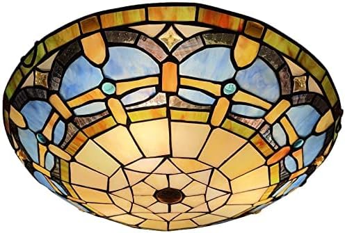 ARTZONE Tiffany Ceiling Lights, Stained Glass Ceiling Light 3-Lights 16 Inch Tiffany Flush Mount Ceiling Light Fixture for Bedroom Dining Living Room Entryway FoyerAmber Blue