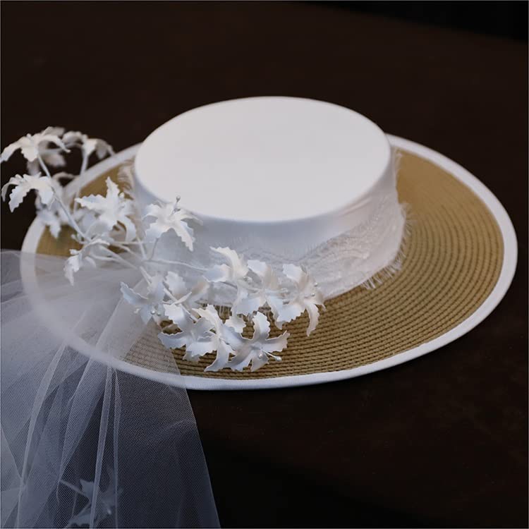 Elegant White Lace Wedding Hat with Veil cream flowers OS French Style White Satin Fedoras Elegant Flower Bowknot  main image 2