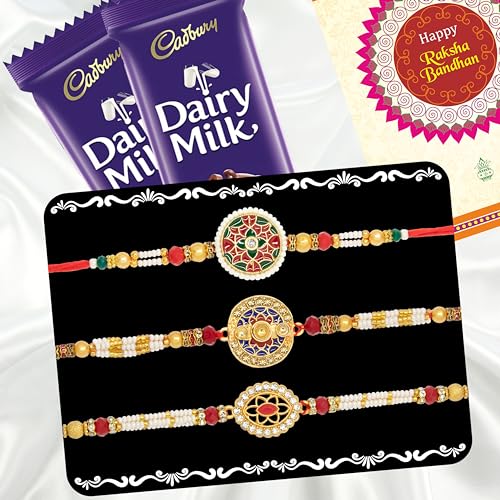 Image of Canton Rakhi With Chocolate Gift Combo, Pack of 3 Designer Rakhi For Brother With Chocolate Gift, Roli & Greeting Card (Design-15, Rakhi With Cadbury)