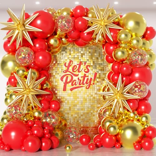 PTGOLUO 153Pcs Red and Gold Balloons Garland Arch Kit with Stars - 22 18 12 10 5 inch Different Size Red Metallic Gold Confetti Latex Balloon for Birthday Valentines Day Wedding Party Decorations