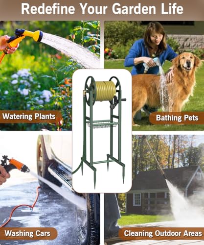 Garbuildman Ground Mount Garden Hose Reel Holds 125 Feet of 5/8-Inch with 3.9 ft Leader Hose, Brass Fitting, Water Hose Holder Stand with Storage Rack & 4 Spikes Base for Outdoor Lawn, Green - Thumbnail 7