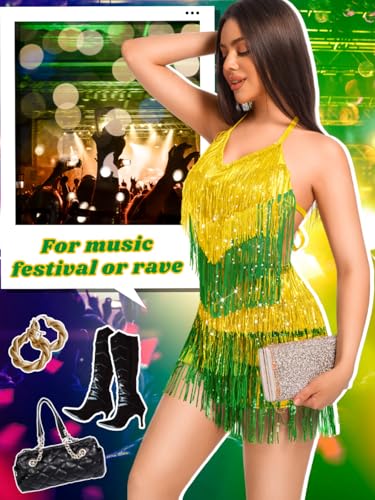 Image of Kaei&Shi Sequin Fringe Romper,Sparkly Glitter Metallic Jumpsuits For Women,Backless Shorts Dress Disco Birthday Dance Outfit