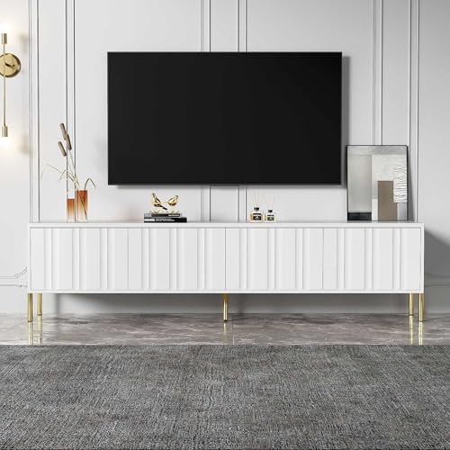 NIUAWASA Meuble TV Bas 190 x 38 x 48 cm - Pieds Dorés - Design de Porte Rainuré - Meuble TV - Blanc
