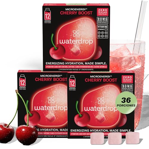 waterdrop® Microdrink Energy Drink, 90mg Cafeína y Vitaminas, sabor: CEREZA, 36 Pastillas Saborizantes Para Agua, Bebidas Sin Azúcar, Sabores Agua y Refresco Instantaneo