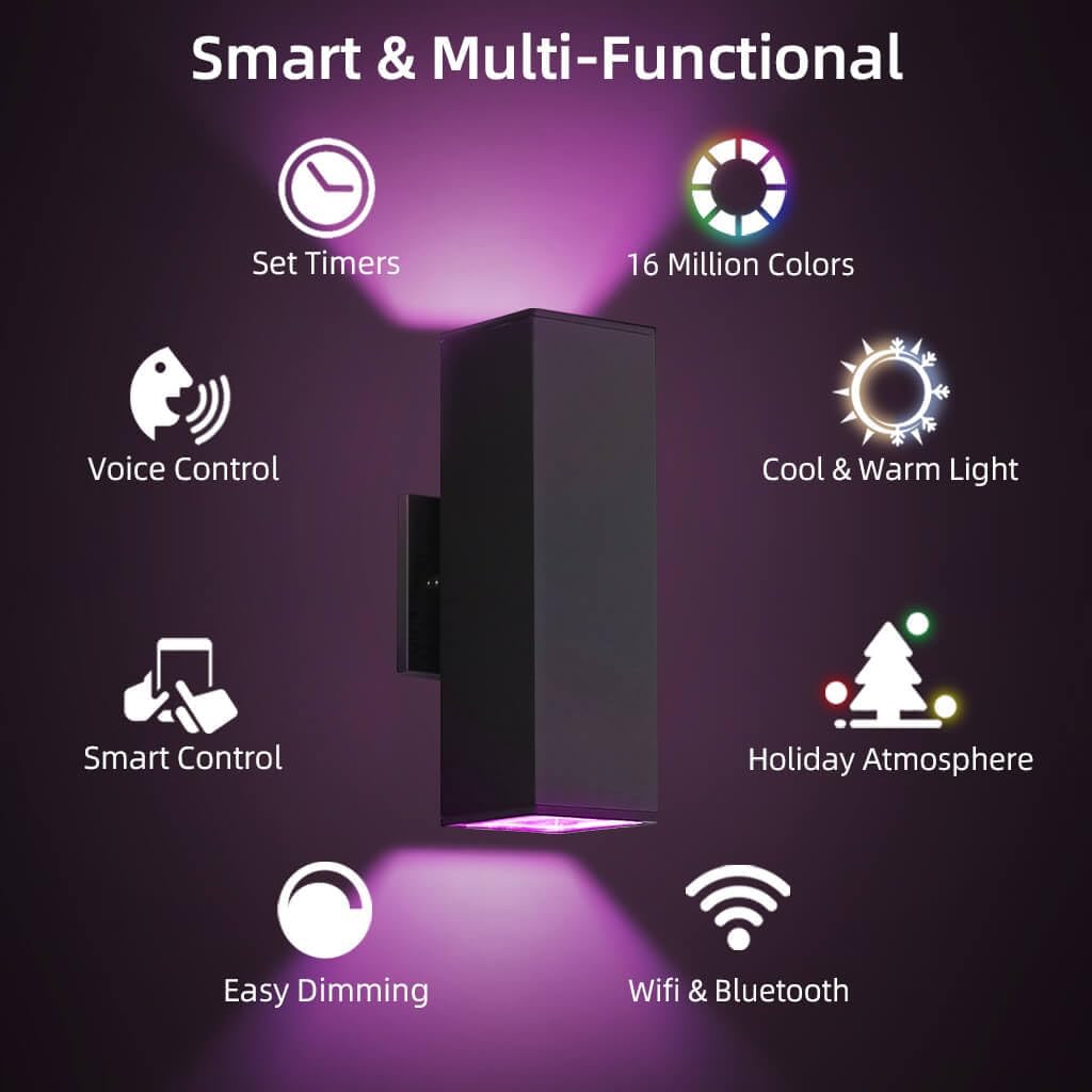 SHIMR Color Changing Outdoor Wall Lights 2 Pack, Ambiance Up and Down Lights Outdoor, Waterproof Square Smart Porch Lights WiFi APP Control Exterior Light Fixture Home Theater Lighting [ETL Listed]