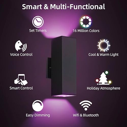 Miniatura 4 de SHIMR Paquete de 2 luces de pared para exteriores que cambian de color, luces de ambiente arriba y abajo, luces de porche inteligentes cuadradas