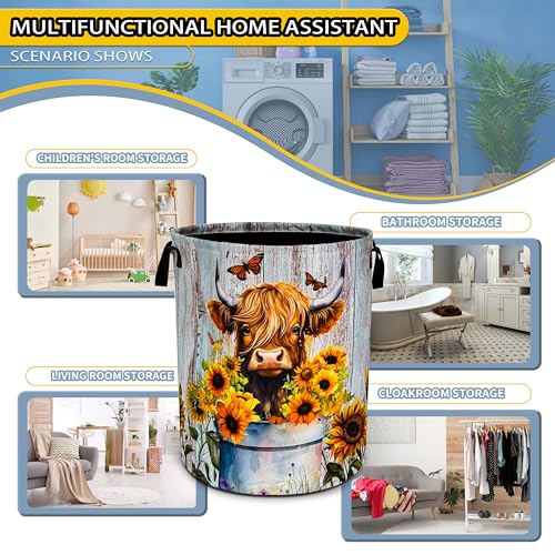 Image of Highland Cow Sunflower Laundry Basket Foldable Waterproof 18.9 x 16.5 Inch | Oxford Cloth Hamper With Reinforced Handles Lining Large-Capacity Storage For Bathrooms /Laundry Rooms / Living Rooms /Bedrooms