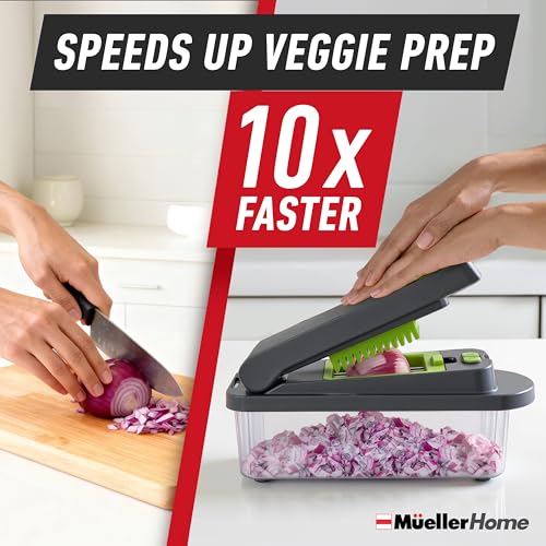 Image of MUELLER HOME Pro-Series 10-in-1 Vegetable Chopper with Container, 8 Blade | Fruit Cutter, Dicer, Tomato Slicer, French Fry Cutter Potato Slicer, Salad Chopper, Gray /Green