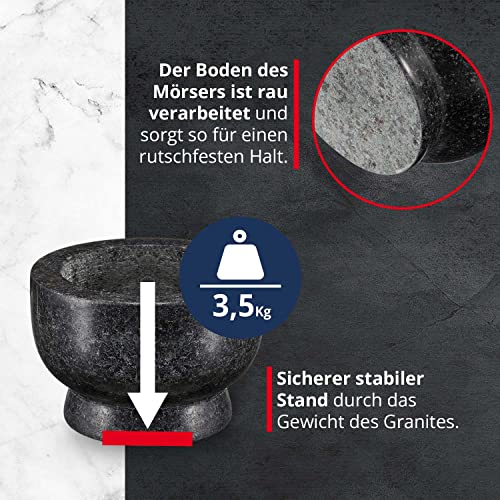 Foto von MEISTERKOCH Mörser mit Stößel aus Granit für Gewürze, groß XXL mit 3,5 kg rutschfest, polierter Steinmörser in Schwarz mit rauer Innenfläche & Stößelspitze, Gewürzmörser massiv mit 15cm Ø & 450ml