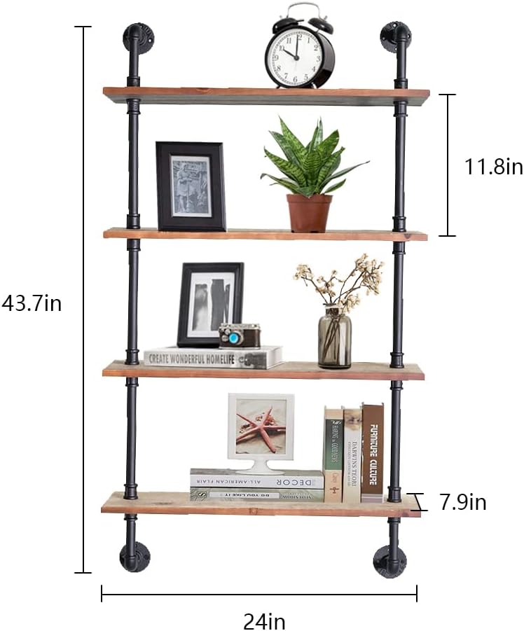 Industrial Pipe Shelving, 24inch Pipe Shelves with Wood Planks, 4 Tier Floating Shelves Wall Mounted Steampunk Real Wood Book Shelves, Retro Rustic Industrial Shelf for Bar Kitchen Living Room