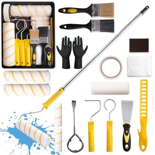 YYSWSAKY 20Pieza Juego de Rodillos, con 1.5M Extension Rod, Pintura de 9' 4', Bandeja para Pintura, Brocha, Mezclador, Espátula, Guantes, Kit Pintura Pared, para Interior, Renovar, Techos y Puertas