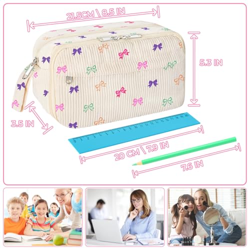 Image of WOBAGMEN Cute Pencil Case,Large Corduroy Zippered Pencil Case Pouch, aesthetic Pencil Bag with Compartments, Pencil Pouch School Supplies (HY-corduroy pc-coloful bow)