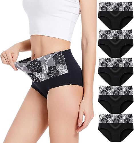 HAVVIS Women's High Waist Knickers Ladies Cotton Briefs Underwear Full Back Coverage Panties Plus Size Multipack (Brief 04-5 Pack - Black, M)