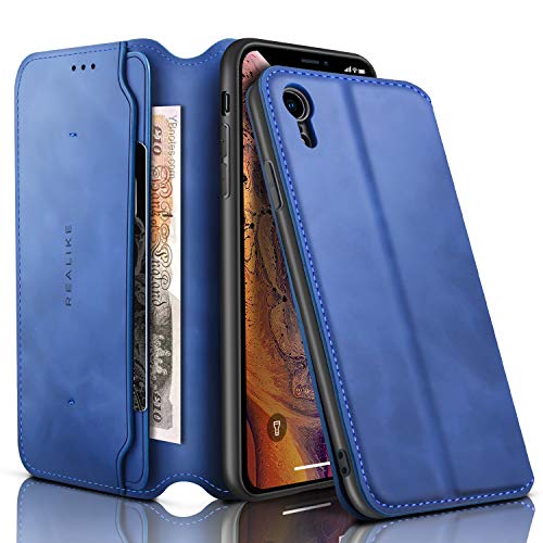 REALIKE Funda Billetera para iPhone XR, Flip PU Cuero Catera, Ranura para Tarjeta, Cierre Magnético Protectora, Protección a Prueba de Golpes para Hombres y Mujeres-Azul Cover