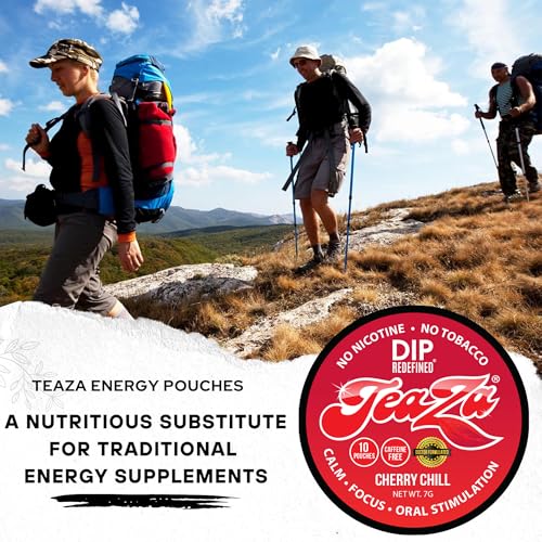 Teaza Energy Pouches, Tobacco Free Nicotine Free Dip Smokeless Alternative Snuff & Energy Dip Chewing Tobacco Alternative Healthy Dipping Premium Flavored Cherry Chill (4 Pack)