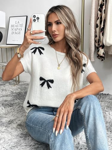 Image of GORGLITTER Women's Bow Sweater Vest Tops Short Sleeve Cute Knit Tops Casual Lightweight Summer Vacation Going Out Outfits