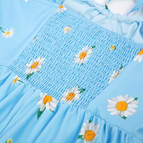 Belle Poque 2023 Summer Casual Dress Vintage Floral Tiered Dress Ruffle Sleeve Midi Dress Blue Daisy M #TOP4