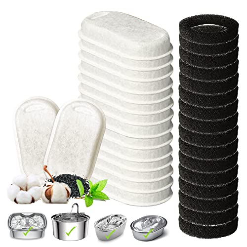 Lot de 16 + 16 fontaines pour chat et chat, filtre de rechange pour fontaine à boire en acier inoxydable de 108 oz/3,2 l et 67 oz/2 l, avec filtre à charbon et filtre en mousse
