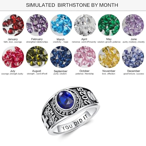 10K/14K/18K Gold/Sterling Silver Class Ring for Men and Women Peralized High School College Ring with Birthstone Customized Graduation Ring Size 4-152