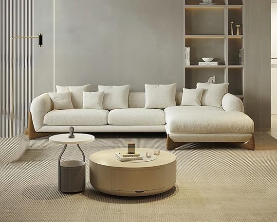 Image of Modern Classic 4 Seater Velvet Button Tufted 3+1+1Footrest Chesterfield Sofa for Living Room and Office (Pillows Not Included) (FiveSeaterBoucle Almond)