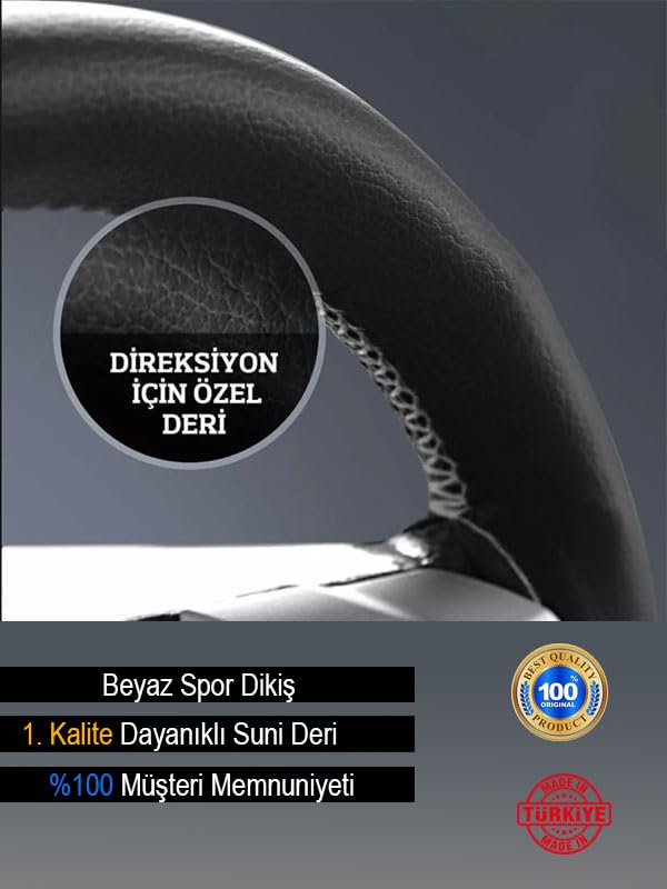 Toyota Auris Uyumlu Beyaz Yüzüklü Deri Direksiyon Kılıfı, Spor Dikiş