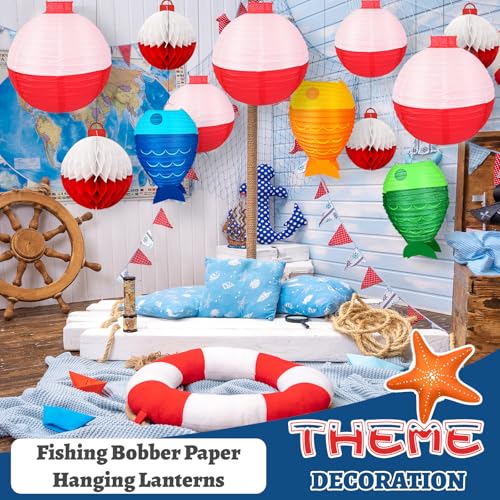 13pcs Fishing Bobber Paper Lanterns Hanging Fish Shaped Lanterns Honeycomb Ball Decorations Red and White Paper Lanterns for Fishing Themed Party Decorations Birthday Decor Supplies.