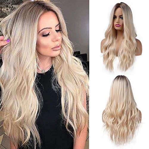 Esmee 26 Zoll Perücke, blond, lang, für Frauen, Naturhaar, Kunsthaar, blond, Ombre, mit dunklen Wurzeln, synthetische Perücke, loose, gewellt, hitzebeständig