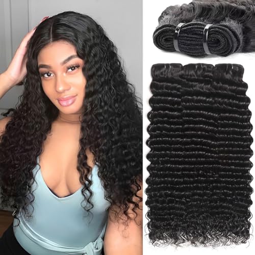 Deep Wave Human Hair Bundles 14 16 18 Inch Deep Curly Bundles Human Hair 12A Unprocessed Brazilian Virgin Double Weft Remy Hair Bundles Full and Thick