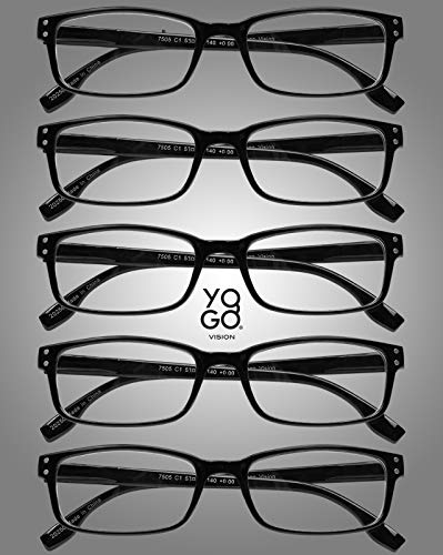 Yogo Vision Reading Glasses Men & Women Readers Spring Hinge Lightweight Eyeglasses Standard Fit Rectangle Style Anti Glare Filter 5 Pairs +1.75 #TOP4