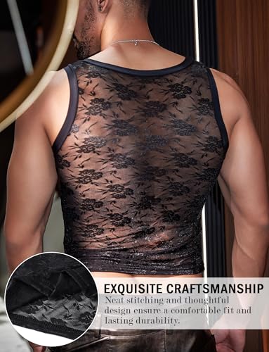 SEAUR Men's Lace Tank Top Sexy Sleeveless Sheer T Shirt Crew Neck Vest See Through Floral Nightclub Party Undershirt2